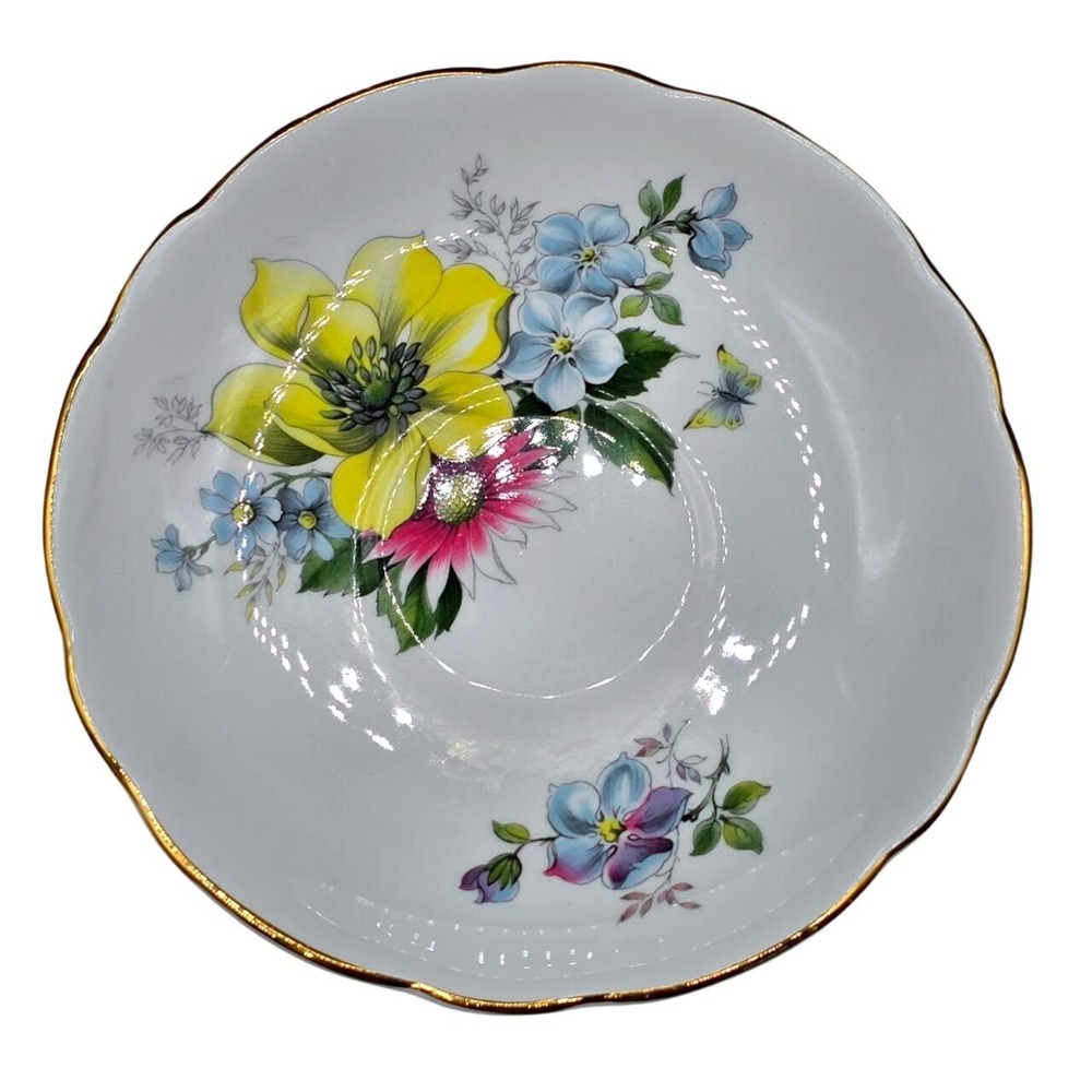 Vintage Royal Ascot Blue Floral Bone China Saucer Made in England 1950s Gold Rim